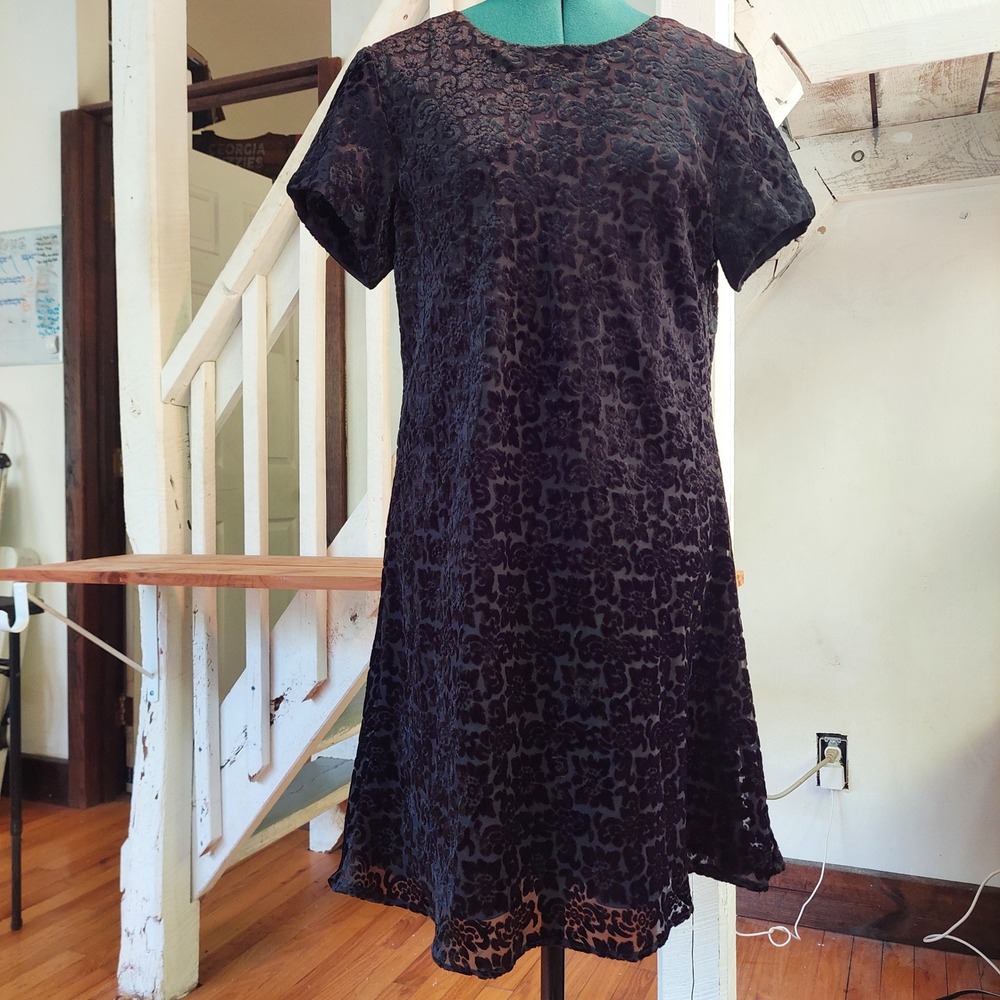 Vintage ICE Black Burnout Velvet Floral Shift Dress Made in USA Size 12
